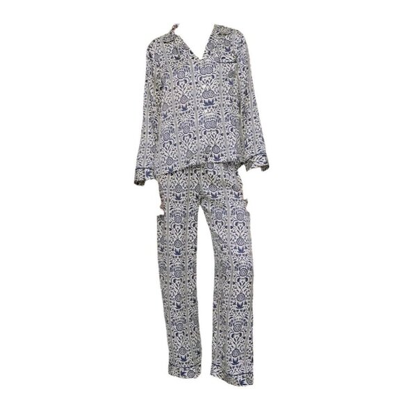 Eberjey x Casa Del Sol - Inez Washable Silk Printed Long PJ Set in Azulejos Navy - Picture 1 of 9